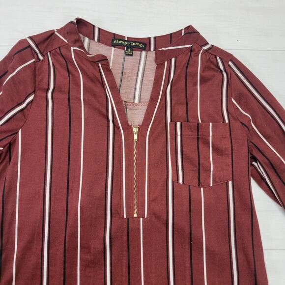 ALWAYS INDIGO Womens Red Stripe Zip Front Blouse Size Small - Picture 4 of 7